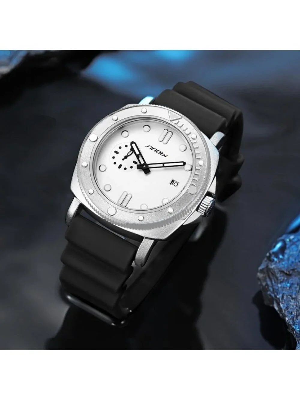 Men's Silver Analog Silicone Strap Water Resistant Rotating Bezel Wrist Watch